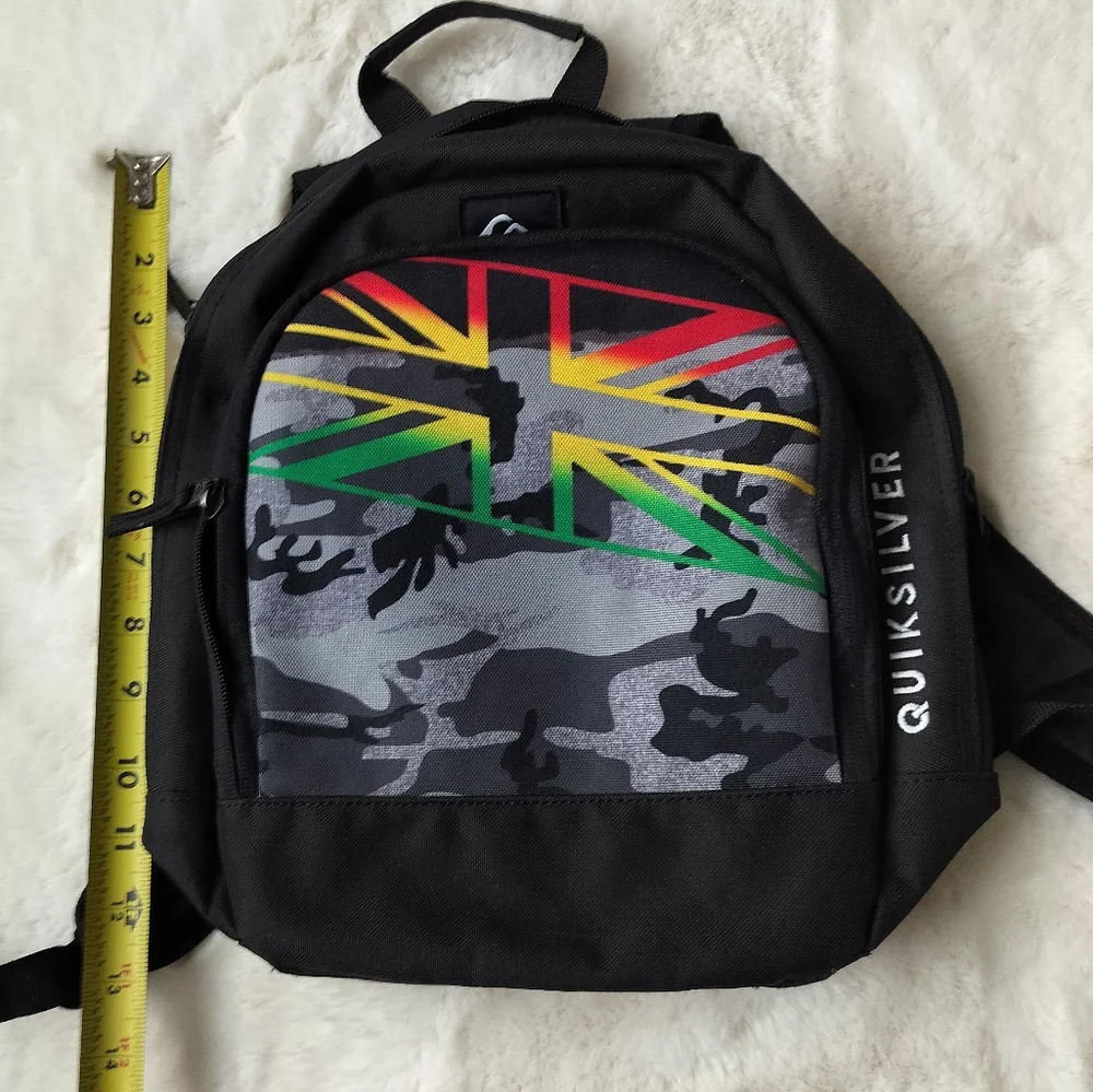 NWOT Quiksilver Black Backpack with Multicolor Design